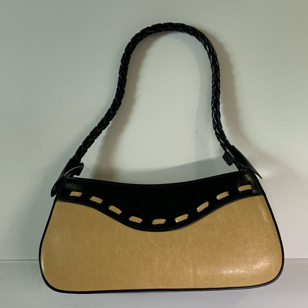 Caramel tan and black leather handbag, twisted braids handle zippers close